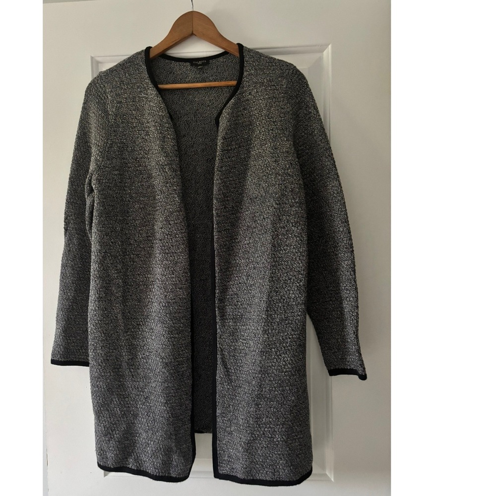 Talbots Open Front Cardigan Women MP Black Gray White Marled Knit Duster Sweater